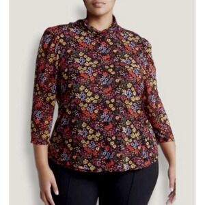 Tahari Ditsy Floral Mesh Mock Neck 3/4 Sleeve Stretch Top Women's Size 1X